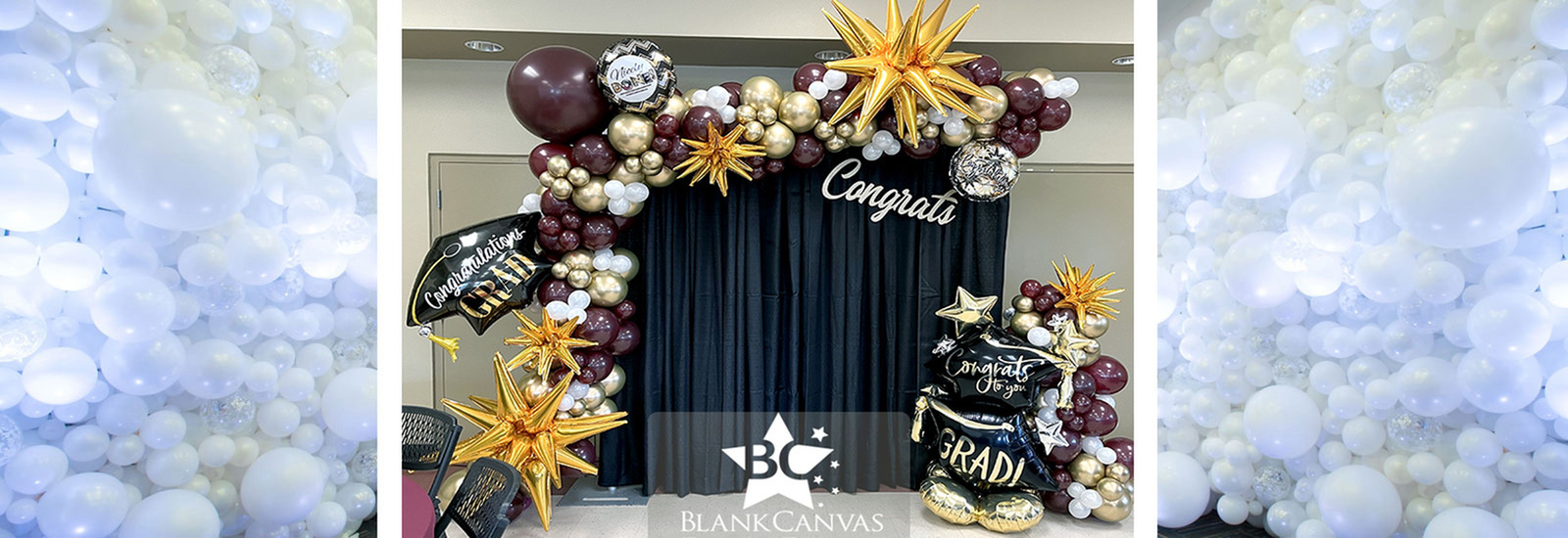 Black Drape Backdrop with Maroon, White and Gold Latex Organic Balloon Garland with Grad Foil Balloons